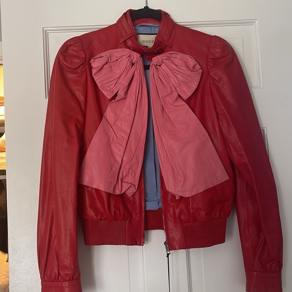 Gucci - Authentic 💥 Red Leather Gucci Jacket Pink Accent - Picture 4 of 8
